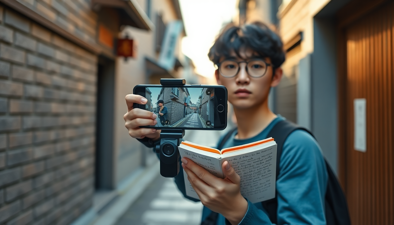일본의 감성적인 골목길에서 스마트폰 짐벌로 숏폼을 촬영하며 다이어리에 글을 적는 모습